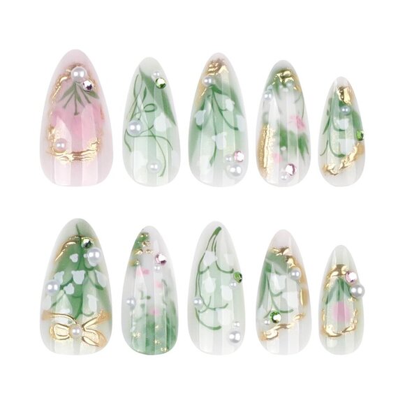 Green Press on Nails Medium Almond Fake Nails with 3D Pearl Rhinestones Designs - Picture 4 of 7
